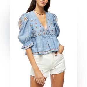 FREE PEOPLE Tallulah Embroidered Chambray Top